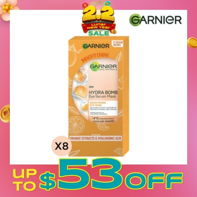 GARNIER Hydra Bomb Eye Serum Mask Brightening Eye Mask with Hyaluronnic Acid & Orange Extracts (Reduces Eye_bags Dark Circles) 8s