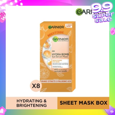 GARNIER Hydra Bomb Eye Serum Mask Brightening Eye Mask with Hyaluronnic Acid & Orange Extracts (Reduces Eye_bags Dark Circles) 8s