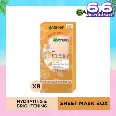 GARNIER Hydra Bomb Eye Serum Mask Brightening Eye Mask with Hyaluronnic Acid & Orange Extracts (Reduces Eye_bags Dark Circles) 8s