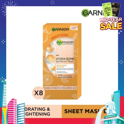 GARNIER Hydra Bomb Eye Serum Mask Brightening Eye Mask with Hyaluronnic Acid & Orange Extracts (Reduces Eye_bags Dark Circles) 8s