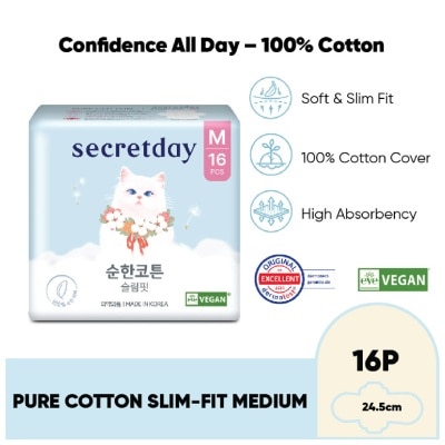 SECRET DAY - Pure Cotton Slim-Fit Medium (M) 24.5cm Sanitary Pad 16s