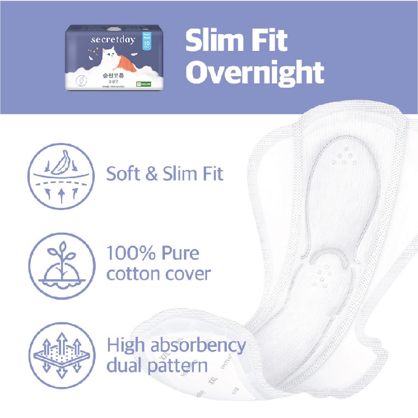 Pure Cotton Slim-Fit Overnight 36cm Sanitary Pad 10s