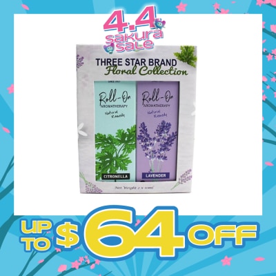 THREE STAR BRAND - Aromatherapy Roll-On Natural Remedy Floral Scent Collection Gift Set consist Lavender Roll-On 10ml + Citronella Roll-On 10ml