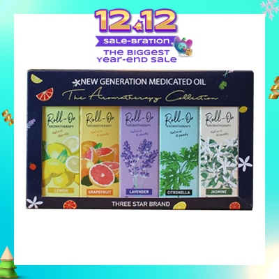 THREE STAR BRAND Aromatherapy Roll-On Natural Collection Gift Set consist Non-Oily Roll On Lemon 10ml + Natural Remedy Roll-On Grapefruit 10ml + Natural Remedy Roll-On Lavender 10ml + Natural Remedy Roll-On Citronella 10ml + Natural Remedy Roll-On Jasmine 10ml