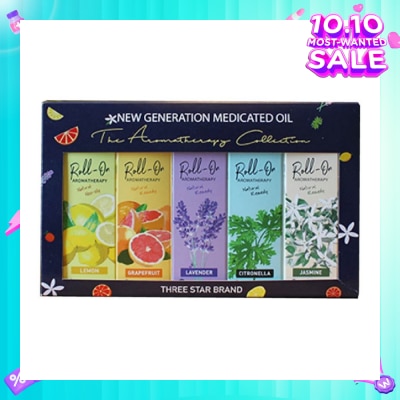 THREE STAR BRAND Aromatherapy Roll-On Natural Collection Gift Set consist Non-Oily Roll On Lemon 10ml + Natural Remedy Roll-On Grapefruit 10ml + Natural Remedy Roll-On Lavender 10ml + Natural Remedy Roll-On Citronella 10ml + Natural Remedy Roll-On Jasmine 10ml
