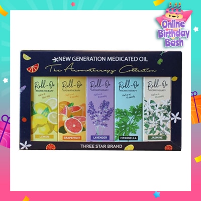 THREE STAR BRAND Aromatherapy Roll-On Natural Collection Gift Set consist Non-Oily Roll On Lemon 10ml + Natural Remedy Roll-On Grapefruit 10ml + Natural Remedy Roll-On Lavender 10ml + Natural Remedy Roll-On Citronella 10ml + Natural Remedy Roll-On Jasmine 10ml