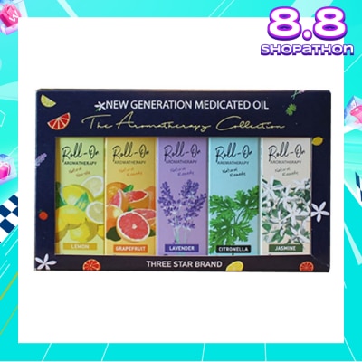 THREE STAR BRAND Aromatherapy Roll-On Natural Collection Gift Set consist Non-Oily Roll On Lemon 10ml + Natural Remedy Roll-On Grapefruit 10ml + Natural Remedy Roll-On Lavender 10ml + Natural Remedy Roll-On Citronella 10ml + Natural Remedy Roll-On Jasmine 10ml