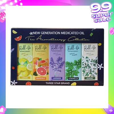 THREE STAR BRAND Aromatherapy Roll-On Natural Collection Gift Set consist Non-Oily Roll On Lemon 10ml + Natural Remedy Roll-On Grapefruit 10ml + Natural Remedy Roll-On Lavender 10ml + Natural Remedy Roll-On Citronella 10ml + Natural Remedy Roll-On Jasmine 10ml