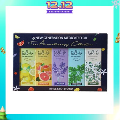 THREE STAR BRAND Aromatherapy Roll-On Natural Collection Gift Set consist Non-Oily Roll On Lemon 10ml + Natural Remedy Roll-On Grapefruit 10ml + Natural Remedy Roll-On Lavender 10ml + Natural Remedy Roll-On Citronella 10ml + Natural Remedy Roll-On Jasmine 10ml