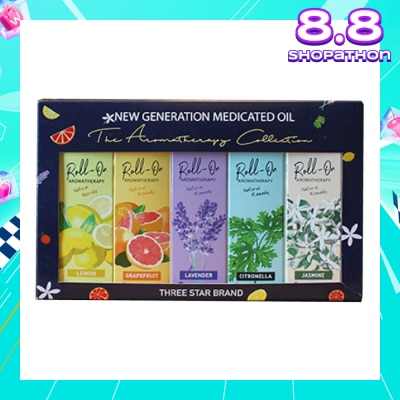 THREE STAR BRAND Aromatherapy Roll-On Natural Collection Gift Set consist Non-Oily Roll On Lemon 10ml + Natural Remedy Roll-On Grapefruit 10ml + Natural Remedy Roll-On Lavender 10ml + Natural Remedy Roll-On Citronella 10ml + Natural Remedy Roll-On Jasmine 10ml