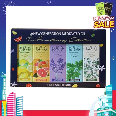 THREE STAR BRAND Aromatherapy Roll-On Natural Collection Gift Set consist Non-Oily Roll On Lemon 10ml + Natural Remedy Roll-On Grapefruit 10ml + Natural Remedy Roll-On Lavender 10ml + Natural Remedy Roll-On Citronella 10ml + Natural Remedy Roll-On Jasmine 10ml