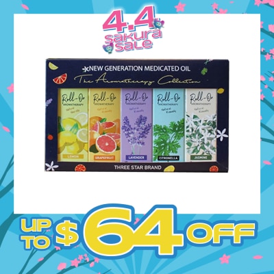 THREE STAR BRAND - Aromatherapy Roll-On Natural Collection Gift Set consist Non-Oily Roll On Lemon 10ml + Natural Remedy Roll-On Grapefruit 10ml + Natural Remedy Roll-On Lavender 10ml + Natural Remedy Roll-On Citronella 10ml + Natural Remedy Roll-On Jasmine 10ml