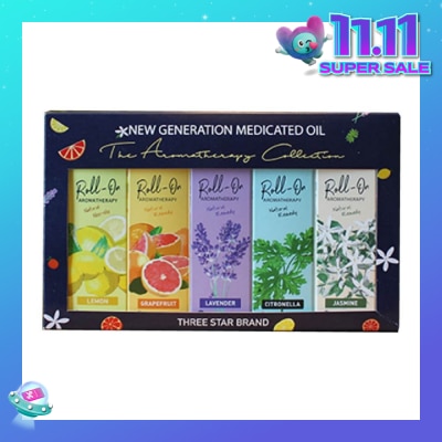 THREE STAR BRAND Aromatherapy Roll-On Natural Collection Gift Set consist Non-Oily Roll On Lemon 10ml + Natural Remedy Roll-On Grapefruit 10ml + Natural Remedy Roll-On Lavender 10ml + Natural Remedy Roll-On Citronella 10ml + Natural Remedy Roll-On Jasmine 10ml