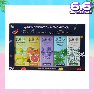 THREE STAR BRAND Aromatherapy Roll-On Natural Collection Gift Set consist Non-Oily Roll On Lemon 10ml + Natural Remedy Roll-On Grapefruit 10ml + Natural Remedy Roll-On Lavender 10ml + Natural Remedy Roll-On Citronella 10ml + Natural Remedy Roll-On Jasmine 10ml