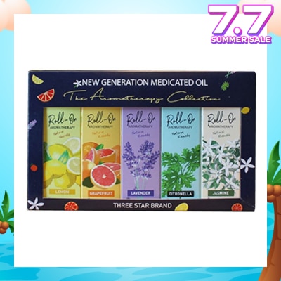 THREE STAR BRAND Aromatherapy Roll-On Natural Collection Gift Set consist Non-Oily Roll On Lemon 10ml + Natural Remedy Roll-On Grapefruit 10ml + Natural Remedy Roll-On Lavender 10ml + Natural Remedy Roll-On Citronella 10ml + Natural Remedy Roll-On Jasmine 10ml