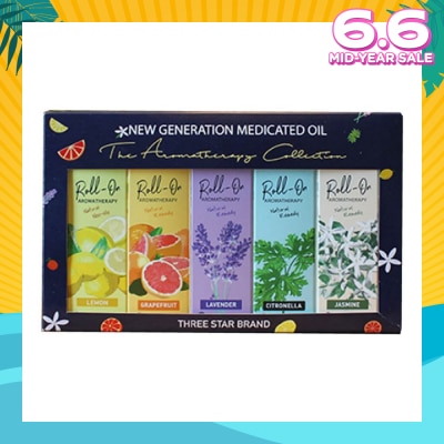 THREE STAR BRAND Aromatherapy Roll-On Natural Collection Gift Set consist Non-Oily Roll On Lemon 10ml + Natural Remedy Roll-On Grapefruit 10ml + Natural Remedy Roll-On Lavender 10ml + Natural Remedy Roll-On Citronella 10ml + Natural Remedy Roll-On Jasmine 10ml