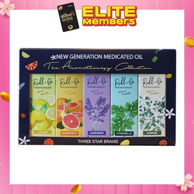 THREE STAR BRAND Aromatherapy Roll-On Natural Collection Gift Set consist Non-Oily Roll On Lemon 10ml + Natural Remedy Roll-On Grapefruit 10ml + Natural Remedy Roll-On Lavender 10ml + Natural Remedy Roll-On Citronella 10ml + Natural Remedy Roll-On Jasmine 10ml