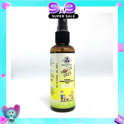 THREE STAR BRAND - Mozzie Free Natural Mosquito Repellent Spray Lemon No Alcohol No Deet (Safe for Both Adults & Children) 90ml image