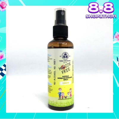 THREE STAR BRAND Mozzie Free Natural Mosquito Repellent Spray Lemon No Alcohol No Deet (Safe for Both Adults & Children) 90ml (Expiry: Feb`2026)