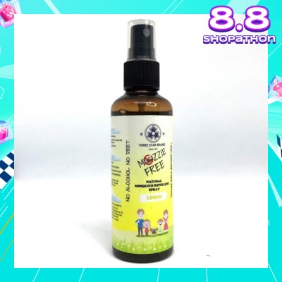 THREE STAR BRAND Mozzie Free Natural Mosquito Repellent Spray Lemon No Alcohol No Deet (Safe for Both Adults & Children) 90ml (Expiry: Feb`2026)