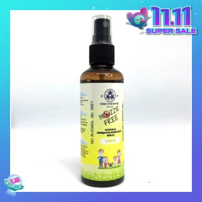 THREE STAR BRAND Mozzie Free Natural Mosquito Repellent Spray Lemon No Alcohol No Deet (Safe for Both Adults & Children) 90ml (Expiry: Feb`2026)