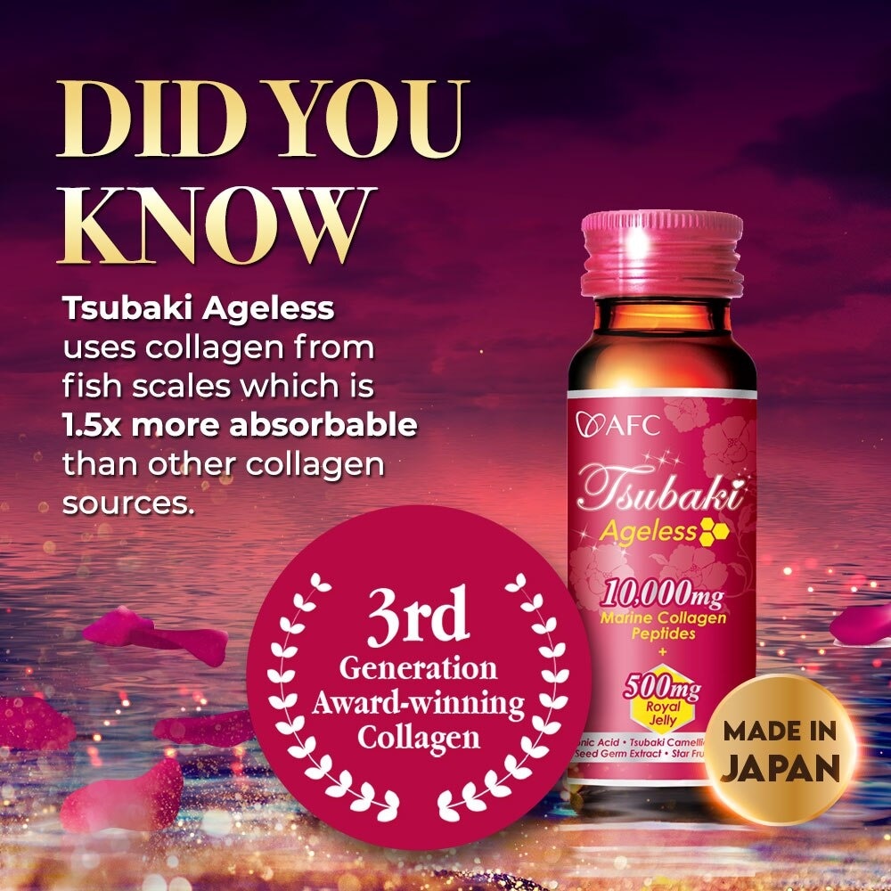 JAPAN Tsubaki Ageless Dietary Supplement bottle (Collagen Drink + Royal Jelly for Anti Aging, Radiant & Hydrated Skin + Fight Pigmentation & Acne Scar) 10s