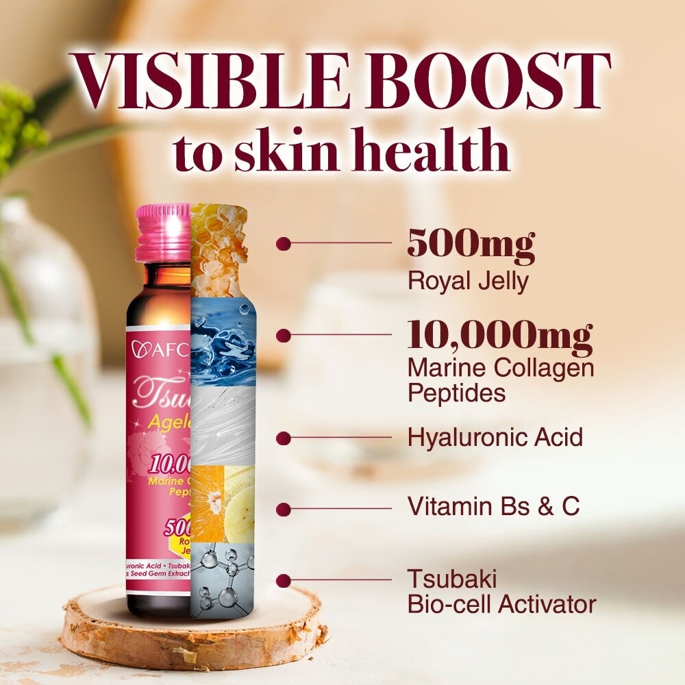 JAPAN Tsubaki Ageless Dietary Supplement bottle (Collagen Drink + Royal Jelly for Anti Aging, Radiant & Hydrated Skin + Fight Pigmentation & Acne Scar) 10s