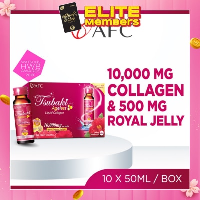 AFC JAPAN Tsubaki Ageless Dietary Supplement bottle (Collagen Drink + Royal Jelly for Anti Aging, Radiant & Hydrated Skin + Fight Pigmentation & Acne Scar) 10s (Expiry: Oct`2026)