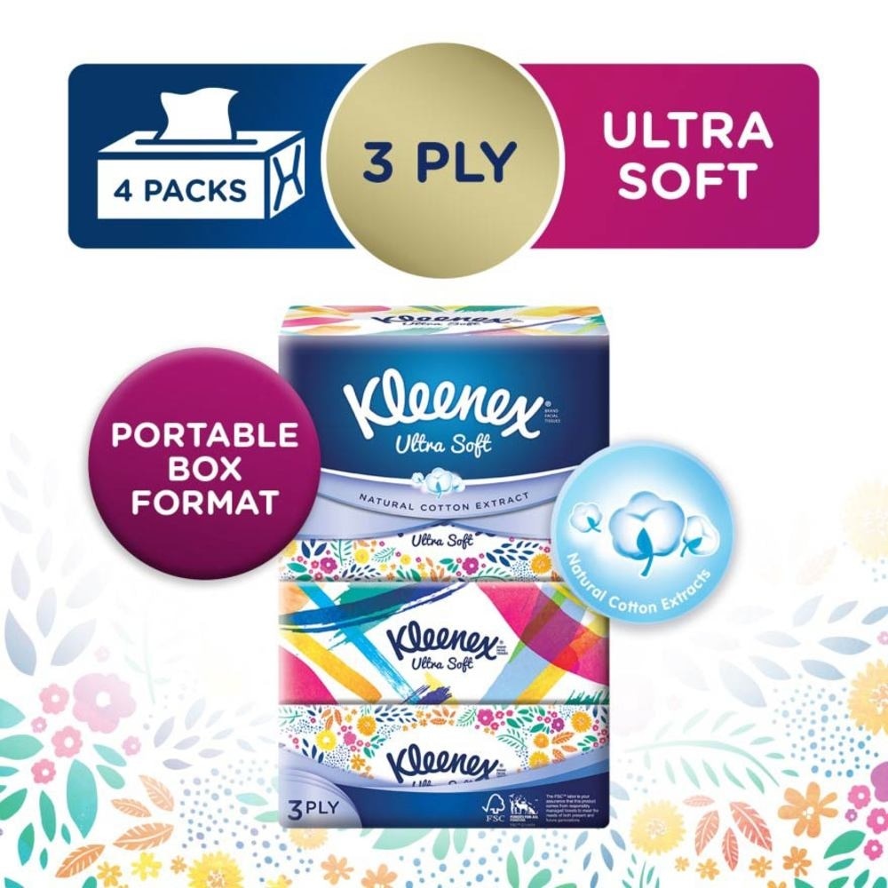 3ply Floral Facial Tissues Softpack (Natural Cotton Extracts) 130s x 4pack