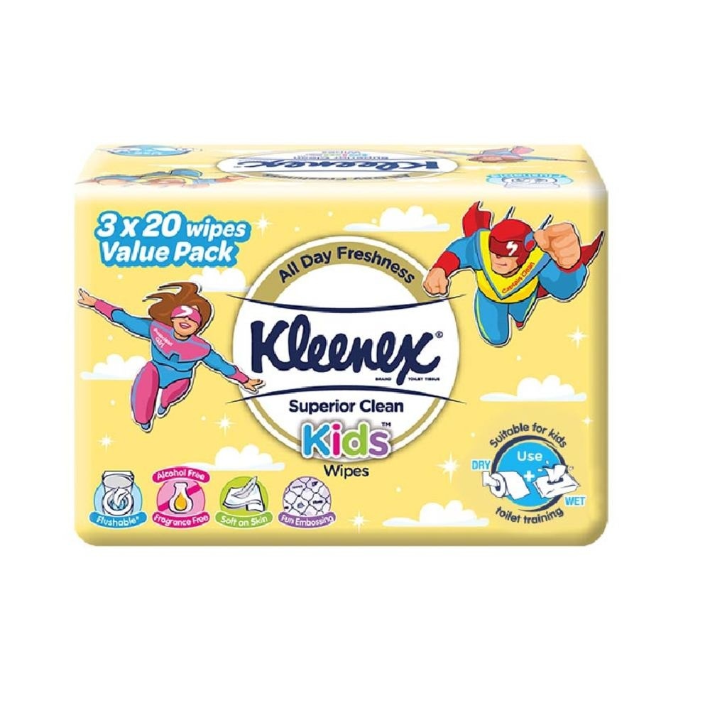 Superior Clean Kids Moist Tissue Wipes Value Packset (Flushable Suitable for Kids Toilet Training) 20s x 3pack