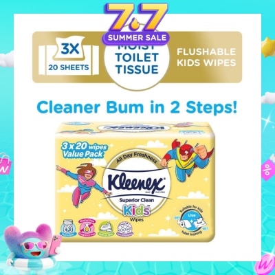 KLEENEX - Superior Clean Kids Moist Tissue Wipes Value Packset (Flushable Suitable for Kids Toilet Training) 20s x 3pack