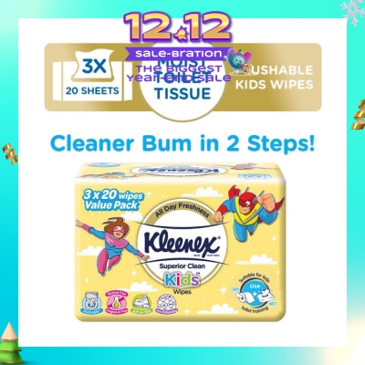 KLEENEX Superior Clean Kids Moist Tissue Wipes Value Packset (Flushable Suitable for Kids Toilet Training) 20s x 3pack