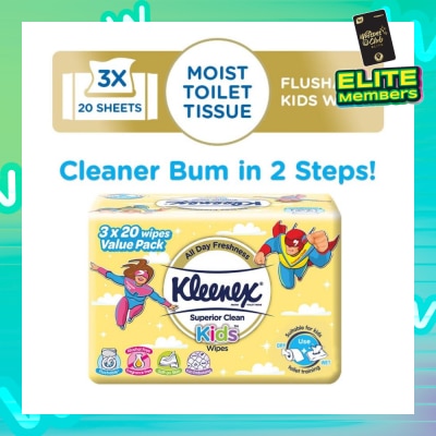 KLEENEX Superior Clean Kids Moist Tissue Wipes Value Packset (Flushable Suitable for Kids Toilet Training) 20s x 3pack