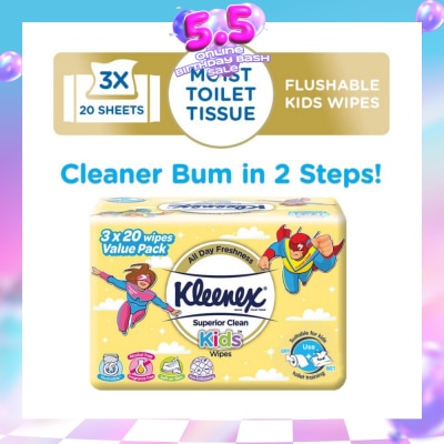 KLEENEX - Superior Clean Kids Moist Tissue Wipes Value Packset (Flushable Suitable for Kids Toilet Training) 20s x 3pack