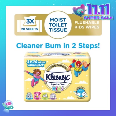 KLEENEX Superior Clean Kids Moist Tissue Wipes Value Packset (Flushable Suitable for Kids Toilet Training) 20s x 3pack