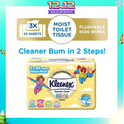 KLEENEX Superior Clean Kids Moist Tissue Wipes Value Packset (Flushable Suitable for Kids Toilet Training) 20s x 3pack