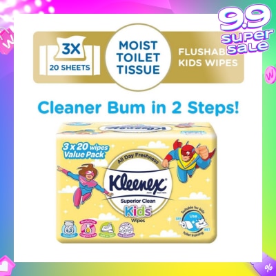 KLEENEX Superior Clean Kids Moist Tissue Wipes Value Packset (Flushable Suitable for Kids Toilet Training) 20s x 3pack