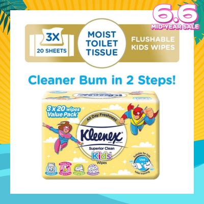 KLEENEX Superior Clean Kids Moist Tissue Wipes Value Packset (Flushable Suitable for Kids Toilet Training) 20s x 3pack
