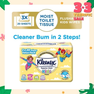 KLEENEX Superior Clean Kids Moist Tissue Wipes Value Packset (Flushable Suitable for Kids Toilet Training) 20s x 3pack