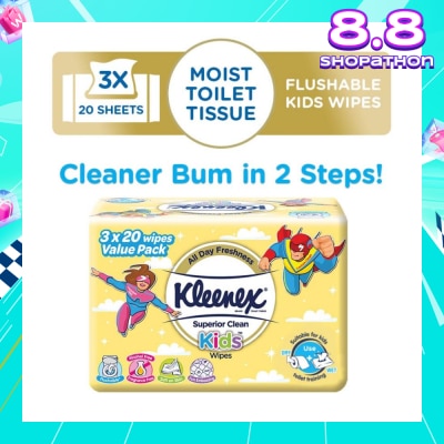 KLEENEX Superior Clean Kids Moist Tissue Wipes Value Packset (Flushable Suitable for Kids Toilet Training) 20s x 3pack