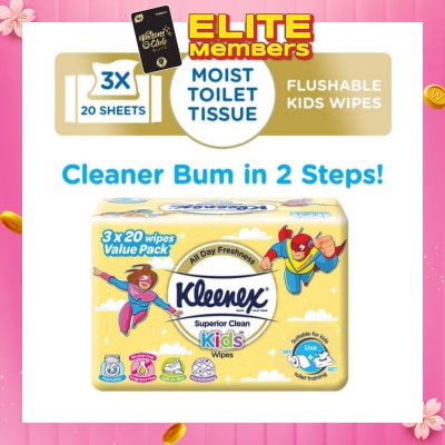 KLEENEX Superior Clean Kids Moist Tissue Wipes Value Packset (Flushable Suitable for Kids Toilet Training) 20s x 3pack