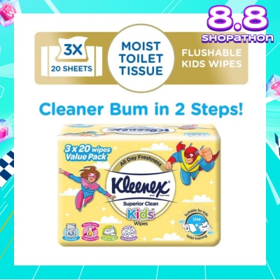 KLEENEX Superior Clean Kids Moist Tissue Wipes Value Packset (Flushable Suitable for Kids Toilet Training) 20s x 3pack