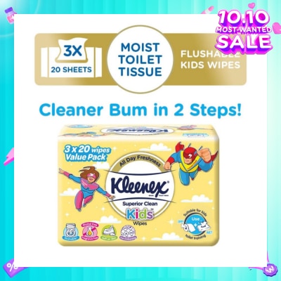 KLEENEX Superior Clean Kids Moist Tissue Wipes Value Packset (Flushable Suitable for Kids Toilet Training) 20s x 3pack