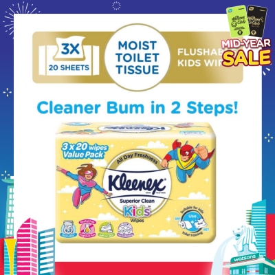 KLEENEX Superior Clean Kids Moist Tissue Wipes Value Packset (Flushable Suitable for Kids Toilet Training) 20s x 3pack