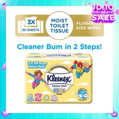 KLEENEX Superior Clean Kids Moist Tissue Wipes Value Packset (Flushable Suitable for Kids Toilet Training) 20s x 3pack