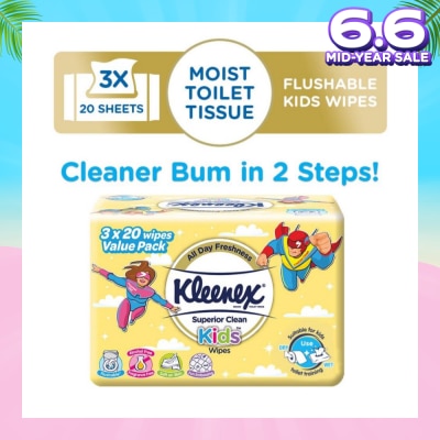 KLEENEX Superior Clean Kids Moist Tissue Wipes Value Packset (Flushable Suitable for Kids Toilet Training) 20s x 3pack