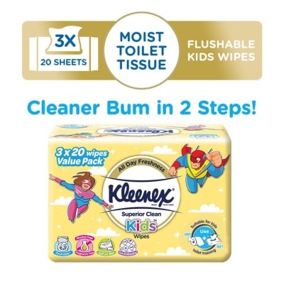 KLEENEX Superior Clean Kids Moist Tissue Wipes Value Packset (Flushable Suitable for Kids Toilet Training) 20s x 3pack