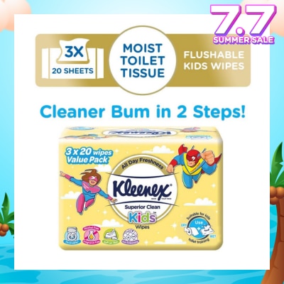KLEENEX Superior Clean Kids Moist Tissue Wipes Value Packset (Flushable Suitable for Kids Toilet Training) 20s x 3pack