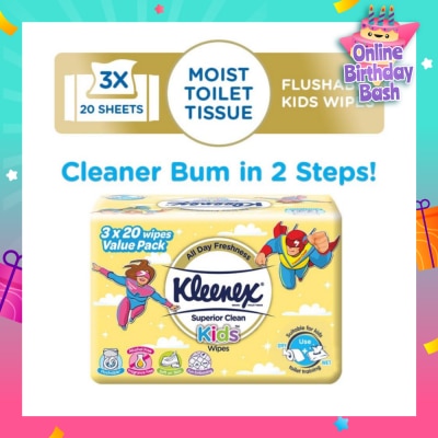 KLEENEX Superior Clean Kids Moist Tissue Wipes Value Packset (Flushable Suitable for Kids Toilet Training) 20s x 3pack
