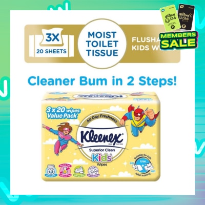 KLEENEX Superior Clean Kids Moist Tissue Wipes Value Packset (Flushable Suitable for Kids Toilet Training) 20s x 3pack